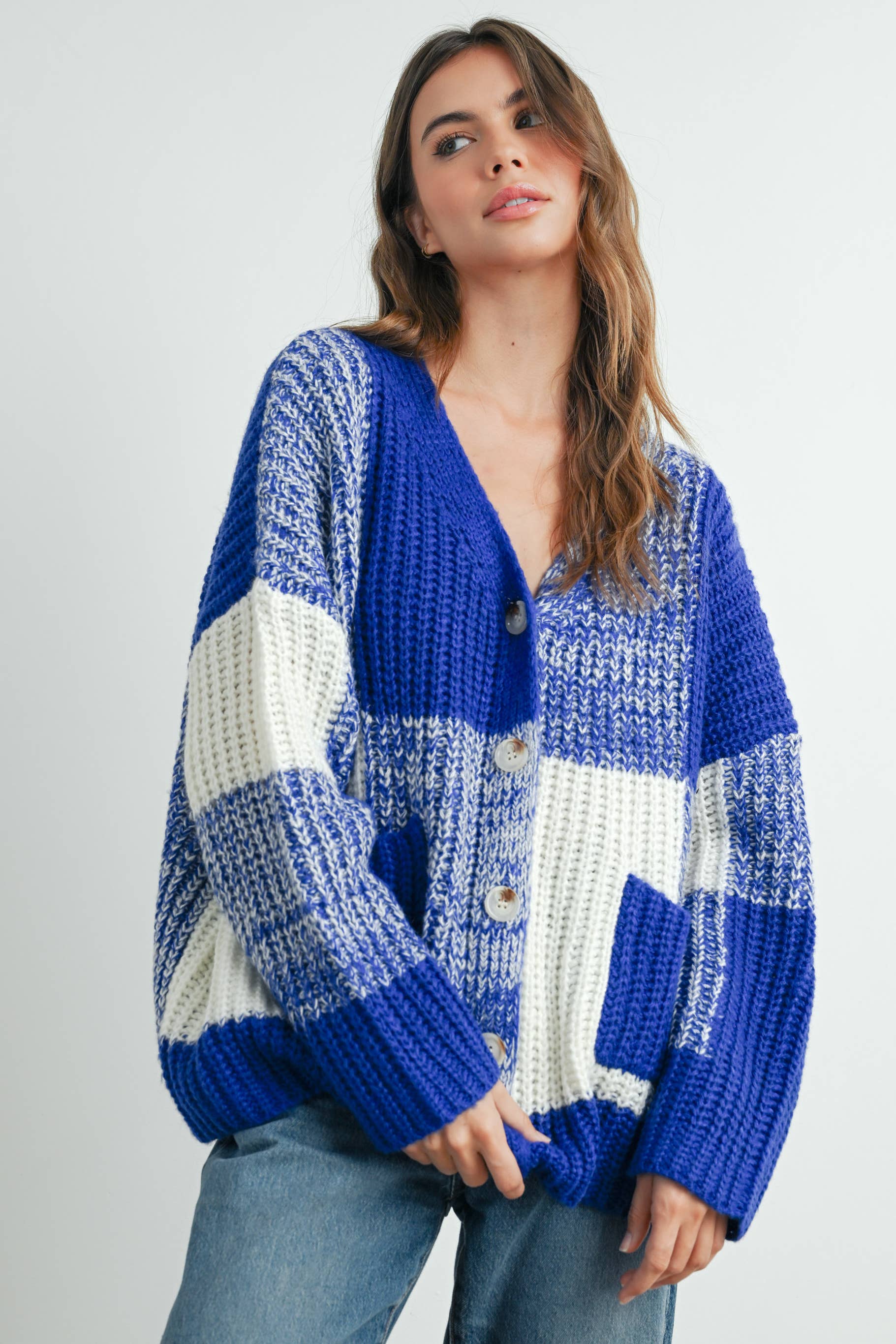 BUTTERMELON - Vendita all'ingrosso Cardigan - Donna - Cardigan oversize a quadretti con spalla scesa - BMC760714