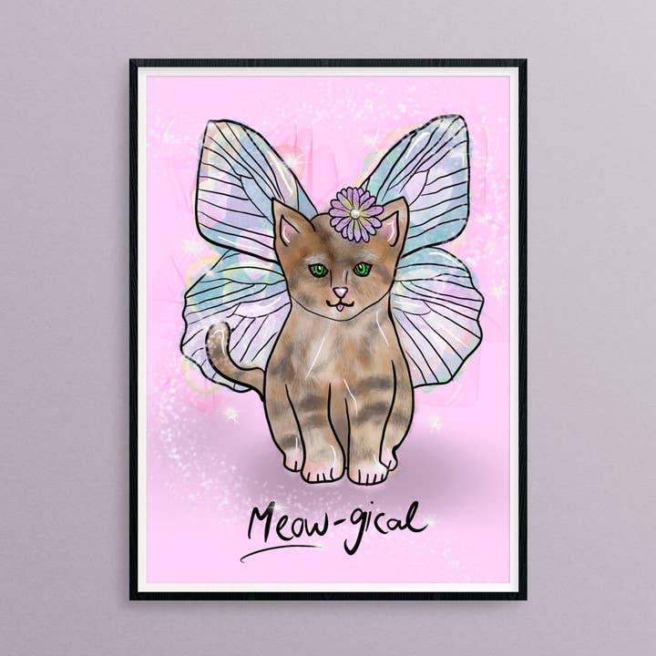 Meow-gical Cat A4 Print, Fairy Kitten Illustration for wholesale by Just Daydreaming