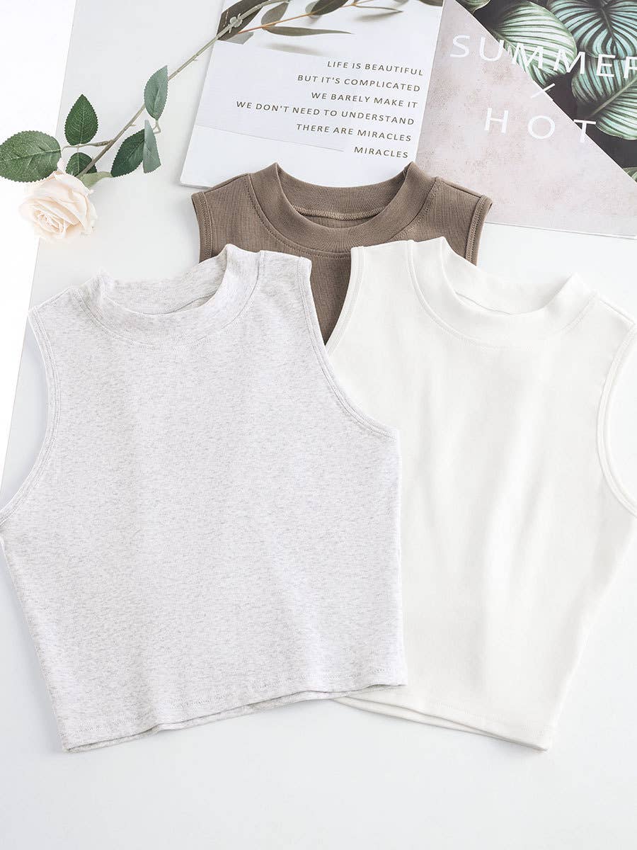 HIDDENBRAND - Wholesale Tank Top - Women's - Basic Essential cotton high neck crop fitted tank top9