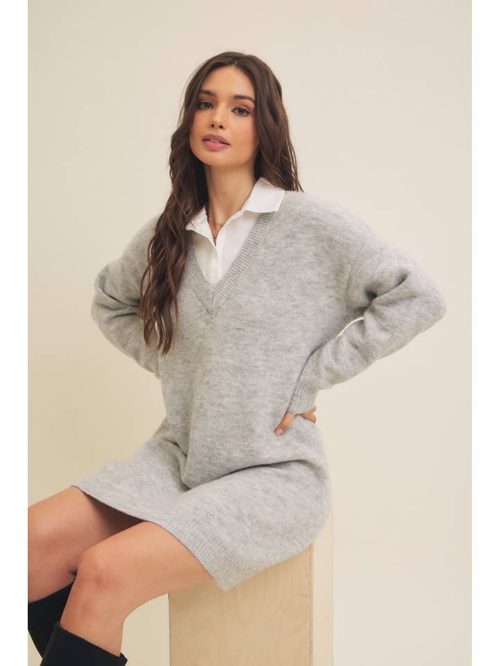 in february - Wholesale Dress - Women's - MIXED MEDIA SOFT SWEATER SHIRT MINI DRESS