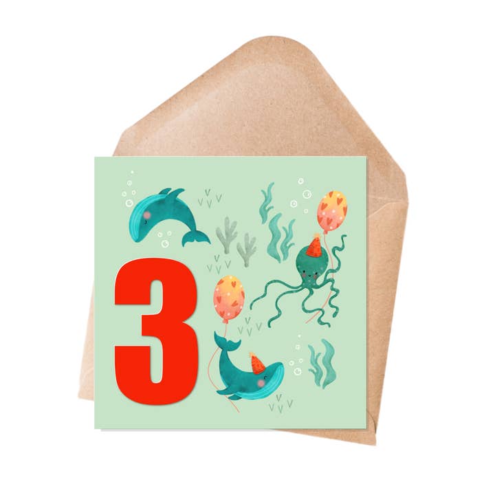 Alder 3 fødselsdagskort - balloner, hvaler og blæksprutte for engroshandel hos Ilana Ewing Designs