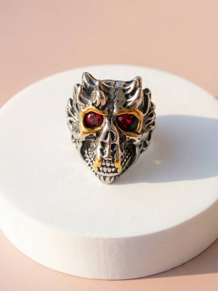Stainless Steel Men's Red Crystal Monkey Skull Biker Ring for wholesale by Arya Jewellery Wholesale