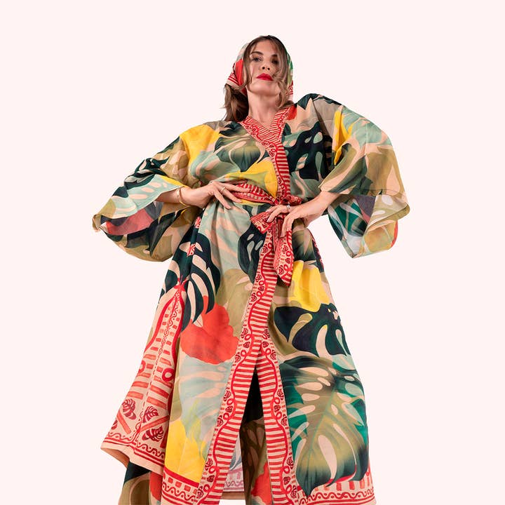 Green *SS26* Kimono Gown - Exotic Leaves for wholesale on Faire9