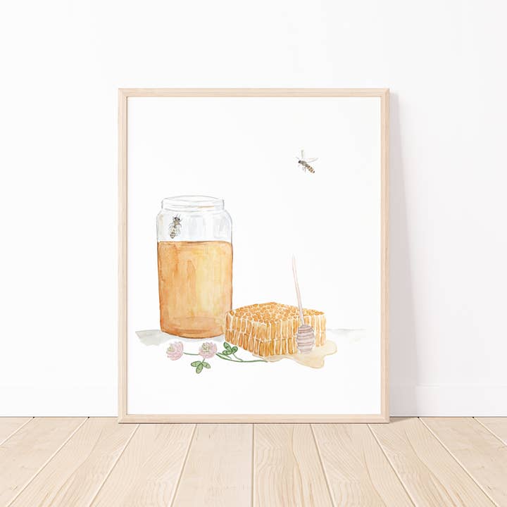 Honey Jar And Honey Bees Watercolor Art Print for wholesale by White Clover Paper Co.