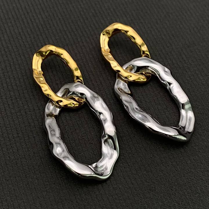 Two-tone Hammered Double-ring 18K Golden SS Earrings - FGS for wholesale by Mio Queena