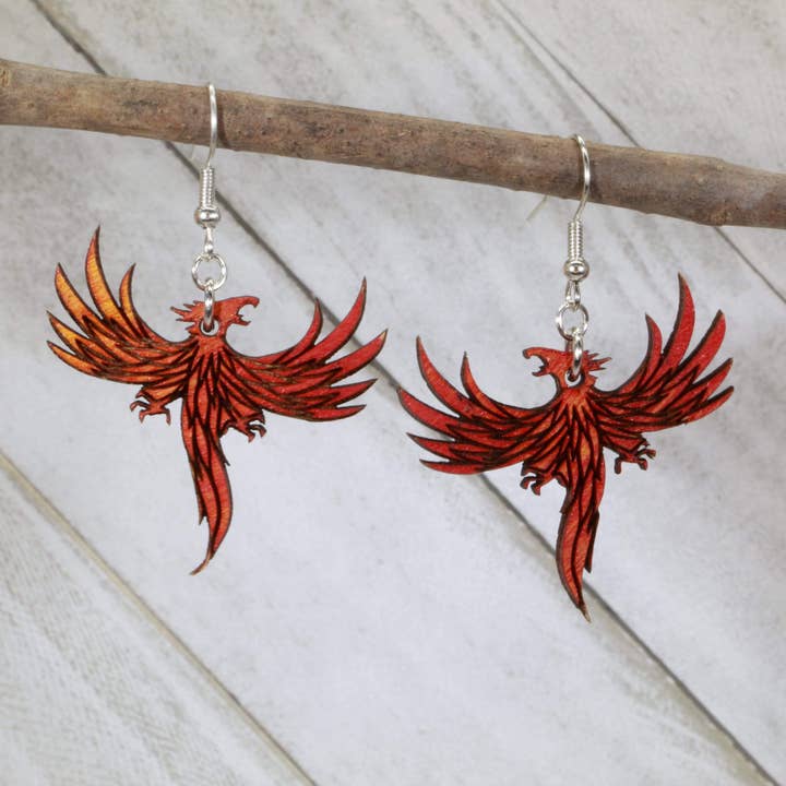 Flaming Phoenix Wooden Earrings for wholesale by Cates Concepts