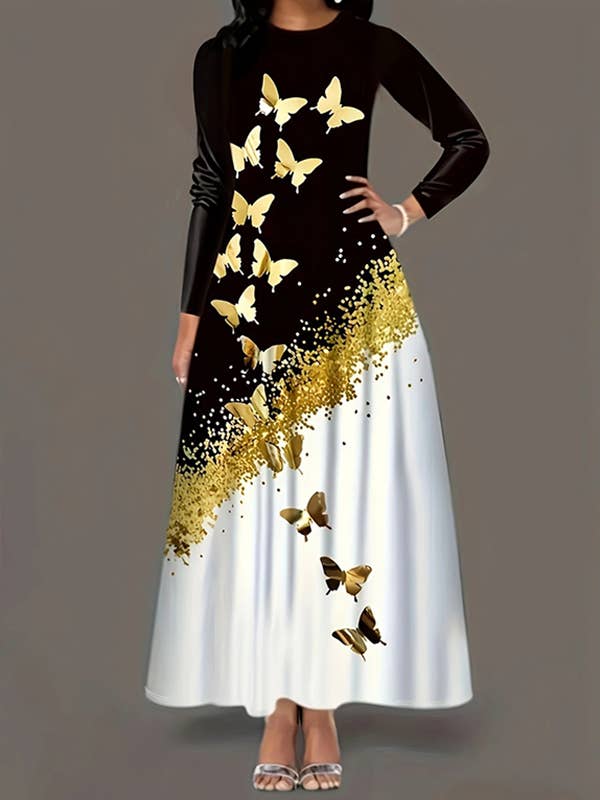 BLACK A-Line Long Sleeves Butterfly Print Pockets Round-Neck Maxi Dresses for wholesale on Faire1