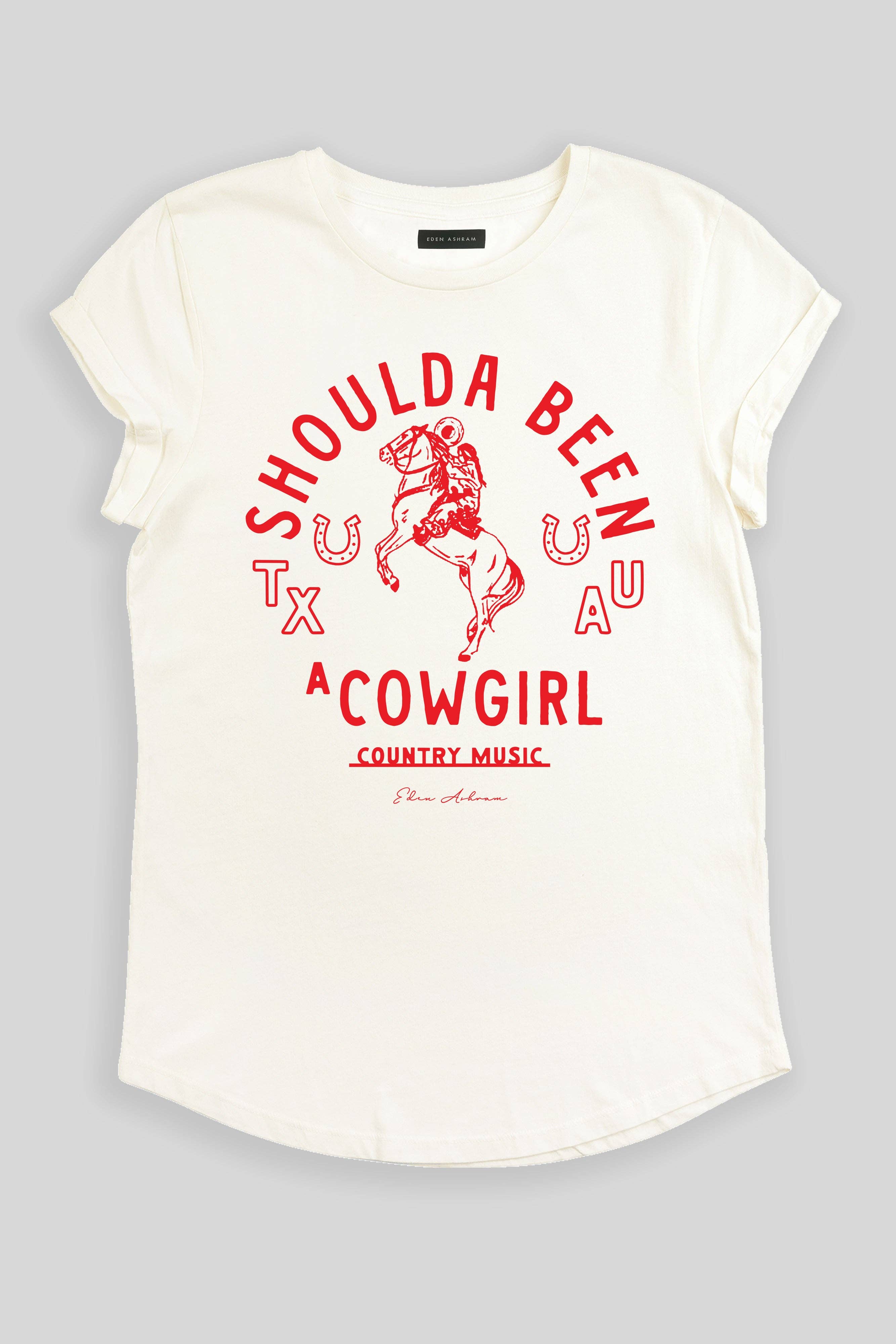 Eden Ashram - Vente T-shirt sérigraphié – femme - T-shirt premium à manches retroussées "Shoulda Been A Cowgirl"5
