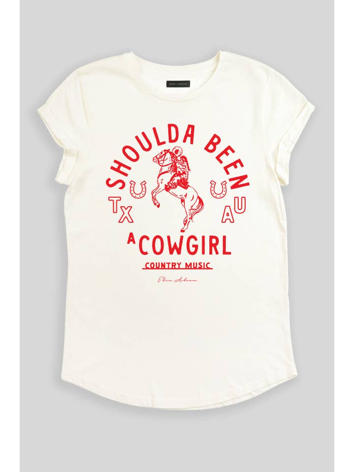 Eden Ashram - Vente T-shirt sérigraphié – femme - T-shirt premium à manches retroussées "Shoulda Been A Cowgirl"5