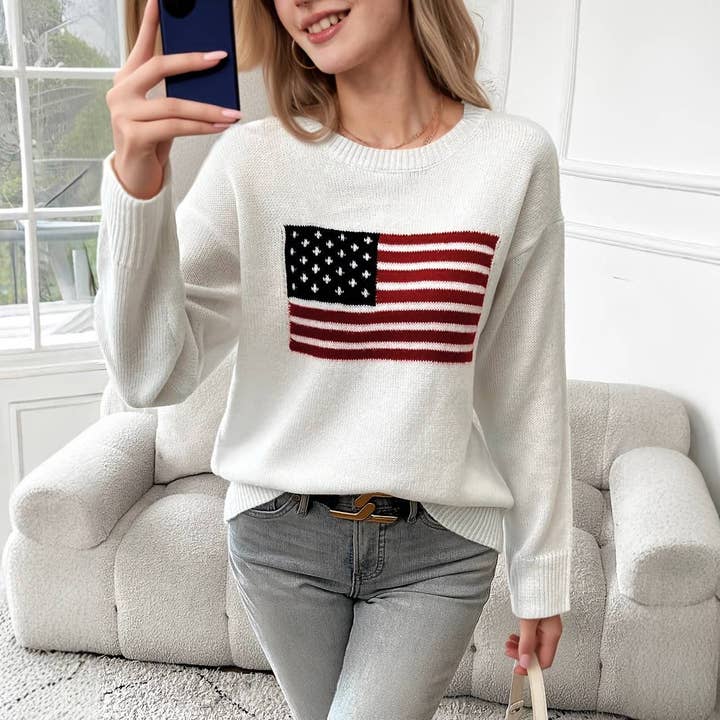Pull ras du cou graphique avec drapeau américain pour la vente par BELLISSIMA FASHION