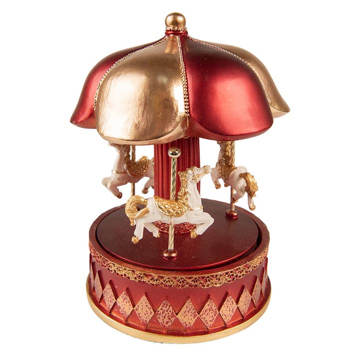 Clayre & Eef - Wholesale Decorative Figurine - 6PR3771 Music box Carousel 16 cm Red Polyresin Christmas