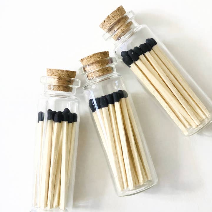 Black Color Tip Matches Glass Corked Vial 25 CT - Striker for wholesale by Candle Cabana