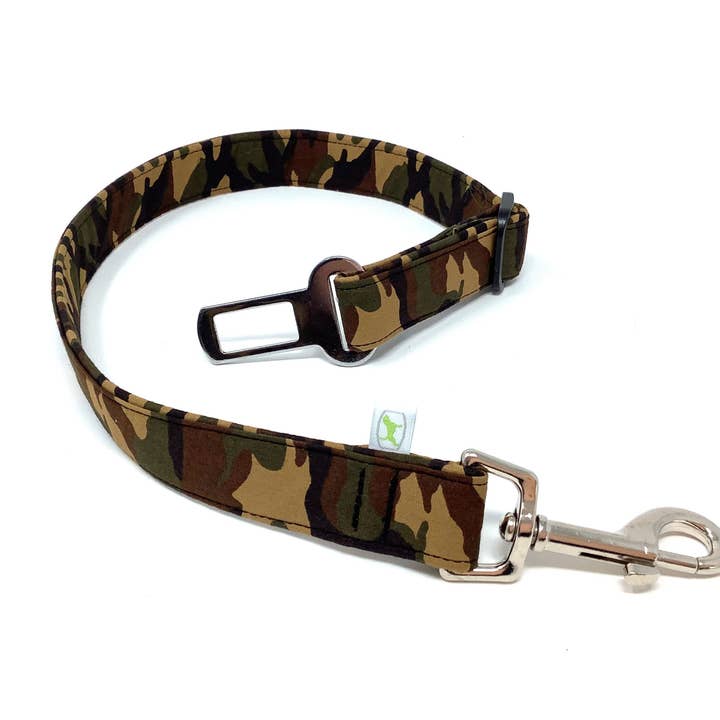 Green Camouflage Dog Seat Belt Restraint For Car Safety for wholesale by EcoDogDesigns
