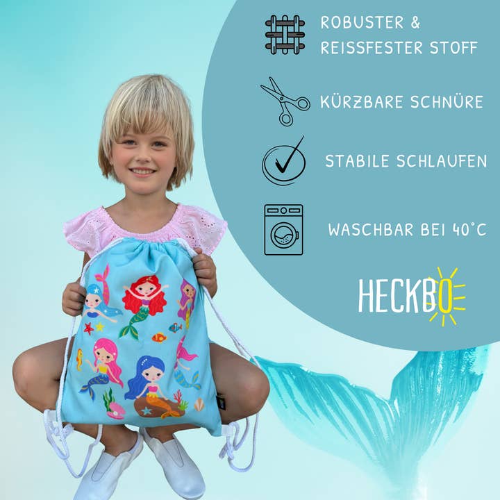 HECKBO - Wholesale Drawstring Bag - Kids - Children's gym bag mermaid fish shells turquoise1