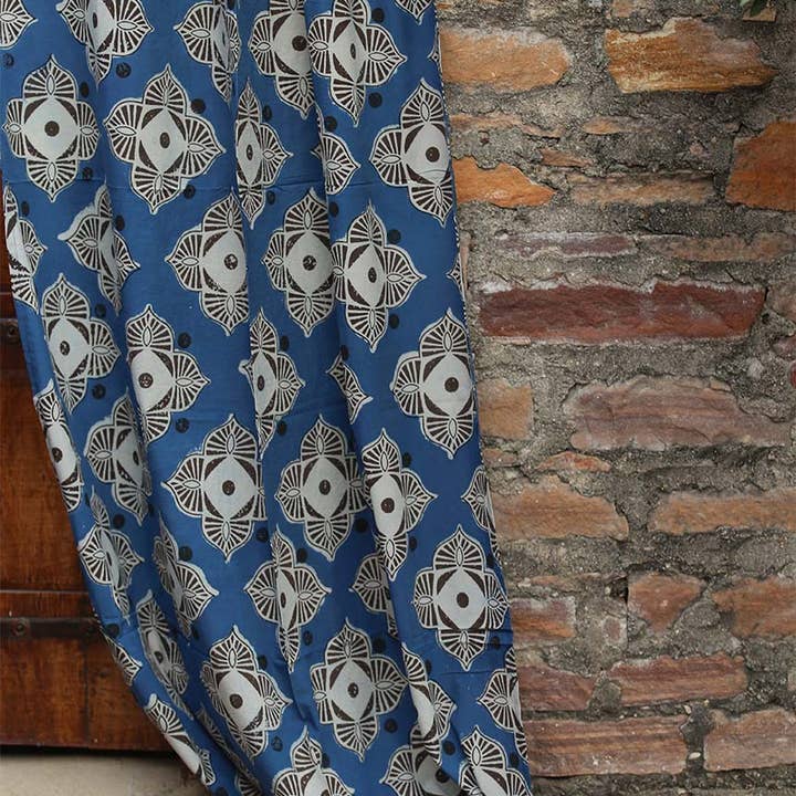 Indigo bomullsgardin, bohemisk geometrisk panel | Jannat för wholesale av Ichcha