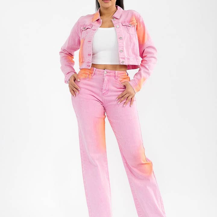 Conjunto de 2 piezas HDG32124J- chaqueta vaquera corta de efecto tie-dye y vaqueros de pierna ancha para venta al por mayor de IWT Brands