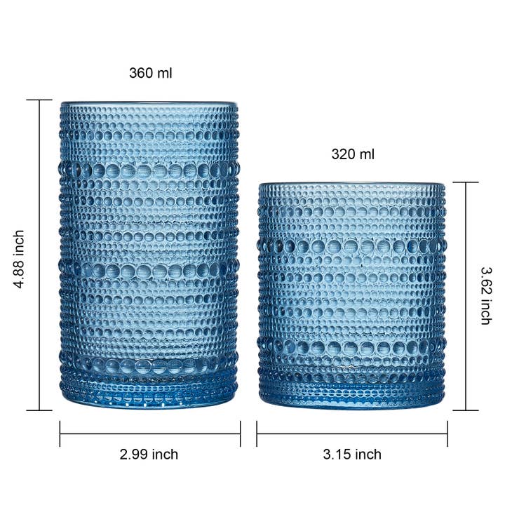 The Wine Savant / Khen Glassware - Wholesale Cocktail/Liquor Glass - Blue Hobnail Glasses, 12 Set, 6x Low 11OZ + 6x High 12OZ