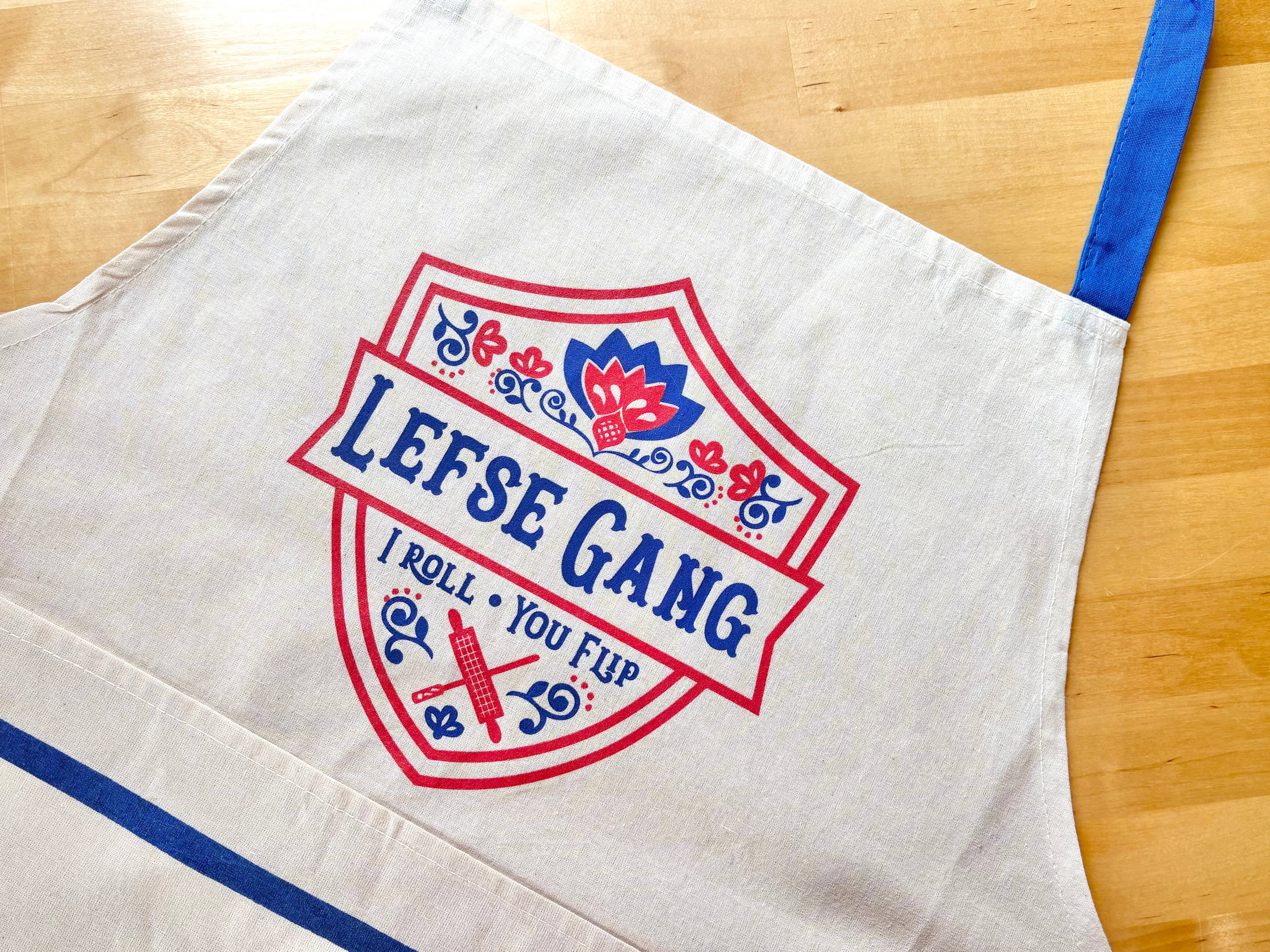 Beckamade - Wholesale Apron - Apron - New Lefse Gang Blue and Red on Natural Flour Sack Cotton Apron with Pocket3