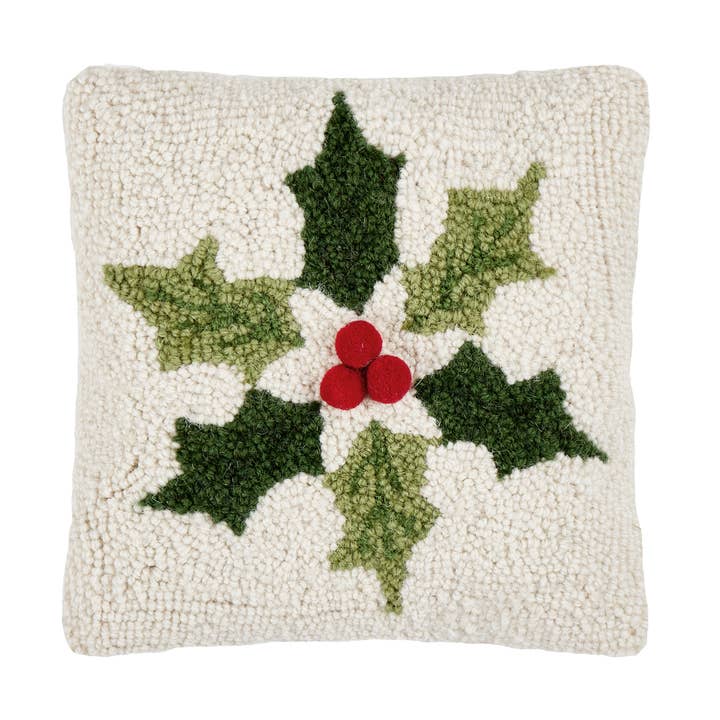 Holly Snowflake w/Poms Hook Pillow for wholesale by Peking Handicraft