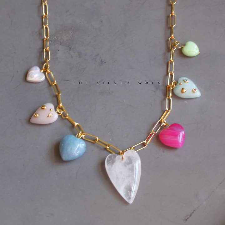 The Silver Wren - Wholesale Pendant/Charm Necklace - Stone Heart Multi Charm Necklace0