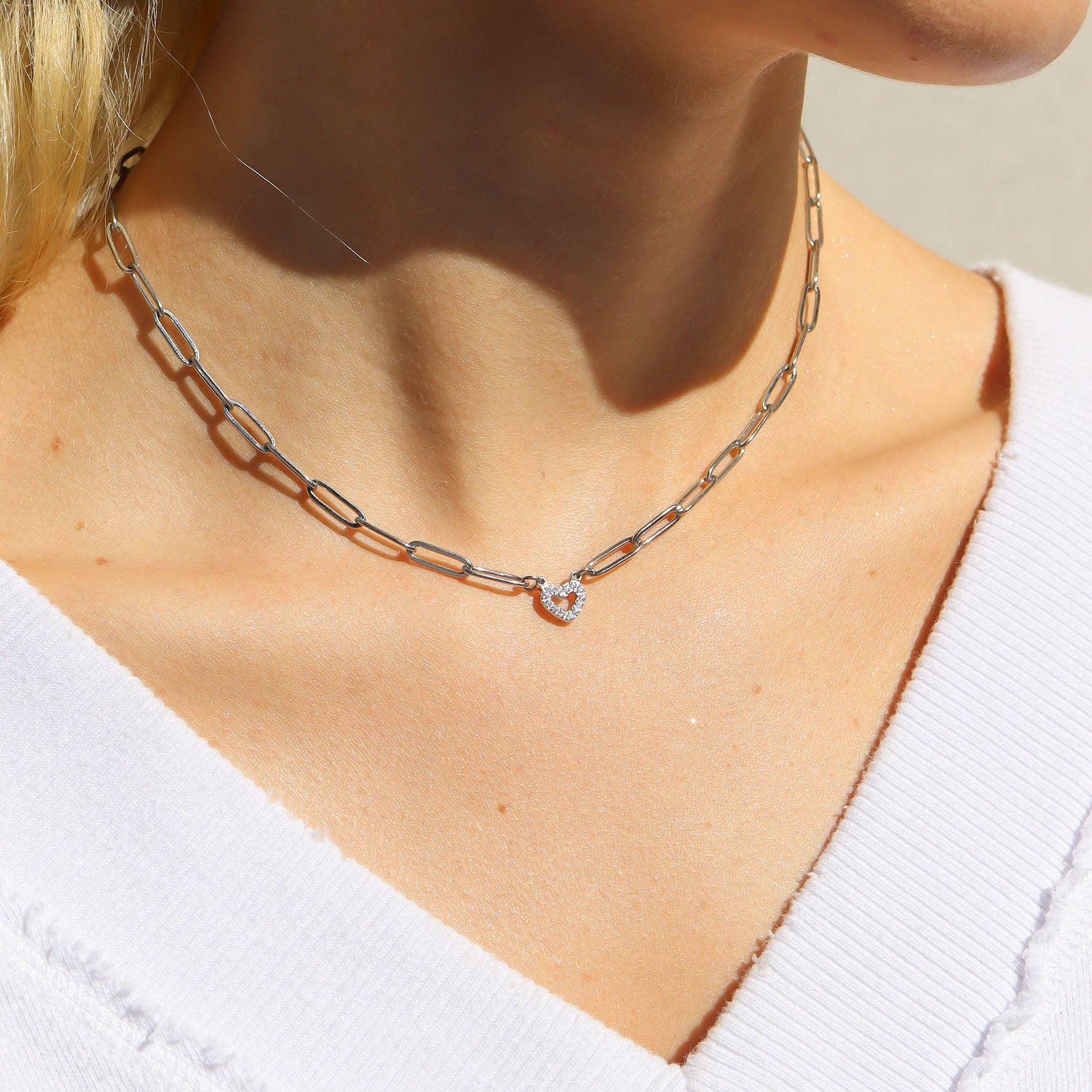 WJW - Wholesale Jewelry Set - 18K Gold PVD Stainless Steel Stone Heart Paperclip Chain Set3