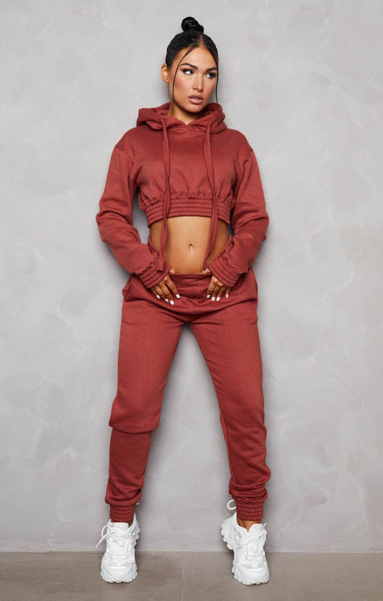 Femme Luxe – wholesale Lounge set – Women's – Rust Long Sleeve Crop Hoodie High Waisted Joggers Shirred Detail Fleece Loungewear Set - Costella2
