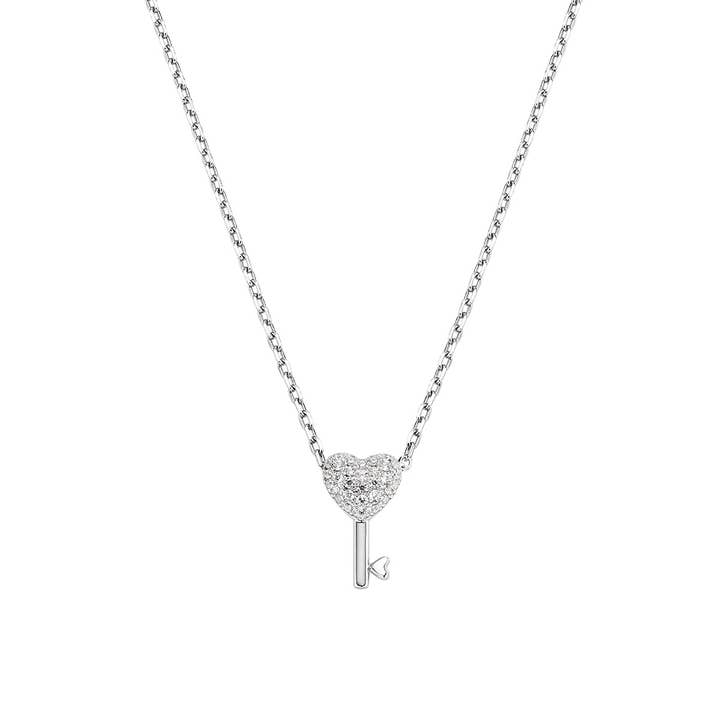 Heart-Shaped Key Charm Necklace In Sterling Silver for wholesale by Amen Gioielli