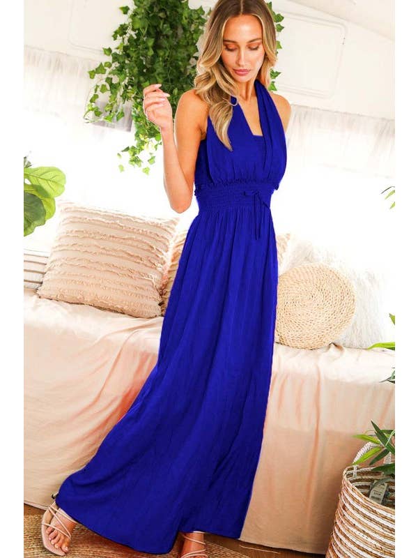 Vine & Love - Wholesale Dress - Women's - Halter With Self-Tie Neck Closure Smocked Maxi Dress VD811723