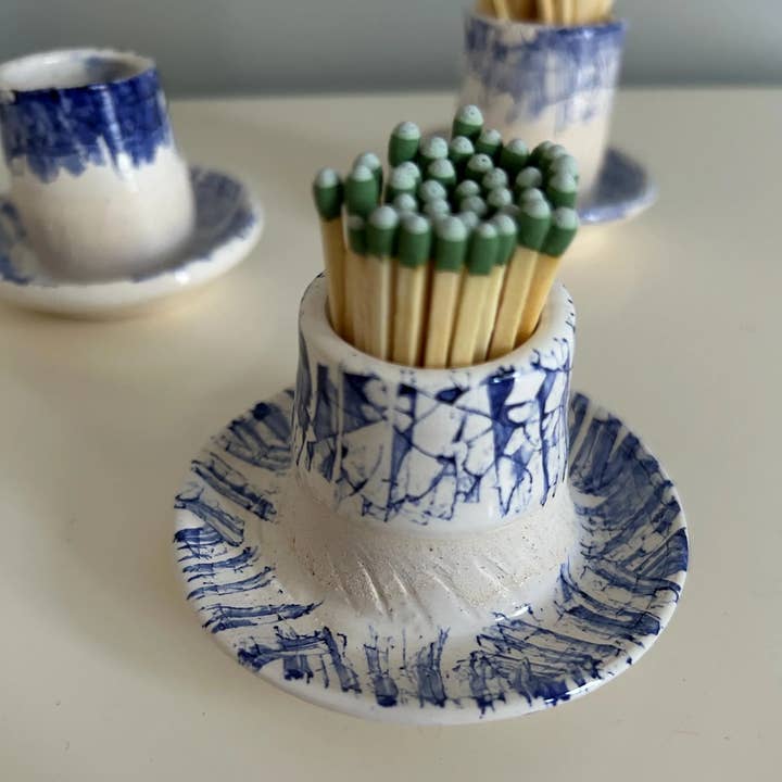 Amber Vintage Chicago Pottery - Wholesale Match Holder - Hanukkah special Blue and White Striker