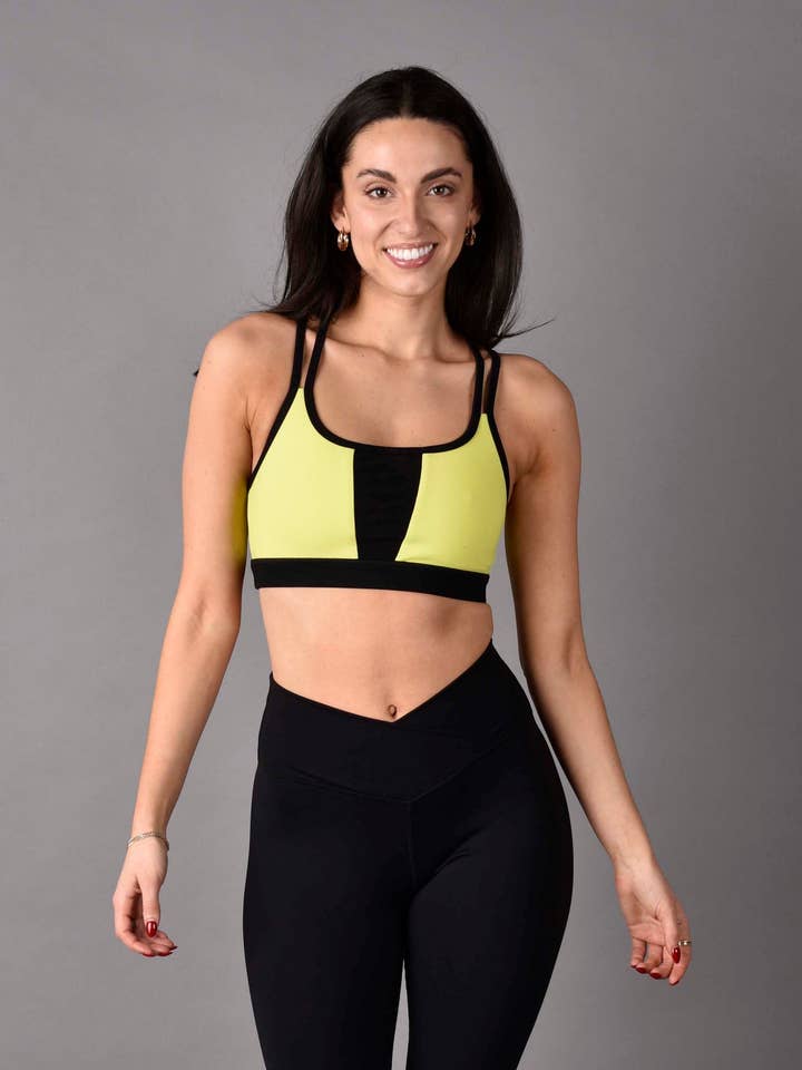 Trinity Reversible Matte Luxe Sports Bra in Neon/ Black for wholesale by Wear Love More LLC