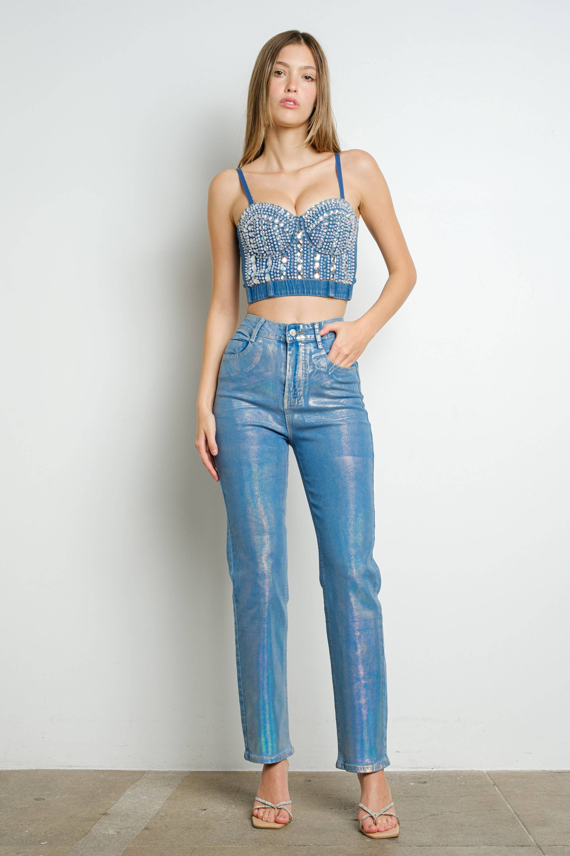 IC2653 Faux Pearl and Rhinestone Denim Corset Top for wholesale on Faire6