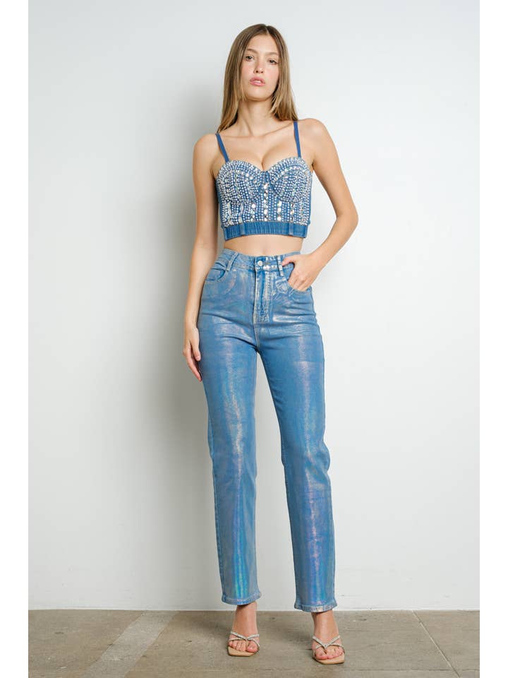 IC2653 Faux Pearl and Rhinestone Denim Corset Top for wholesale on Faire6