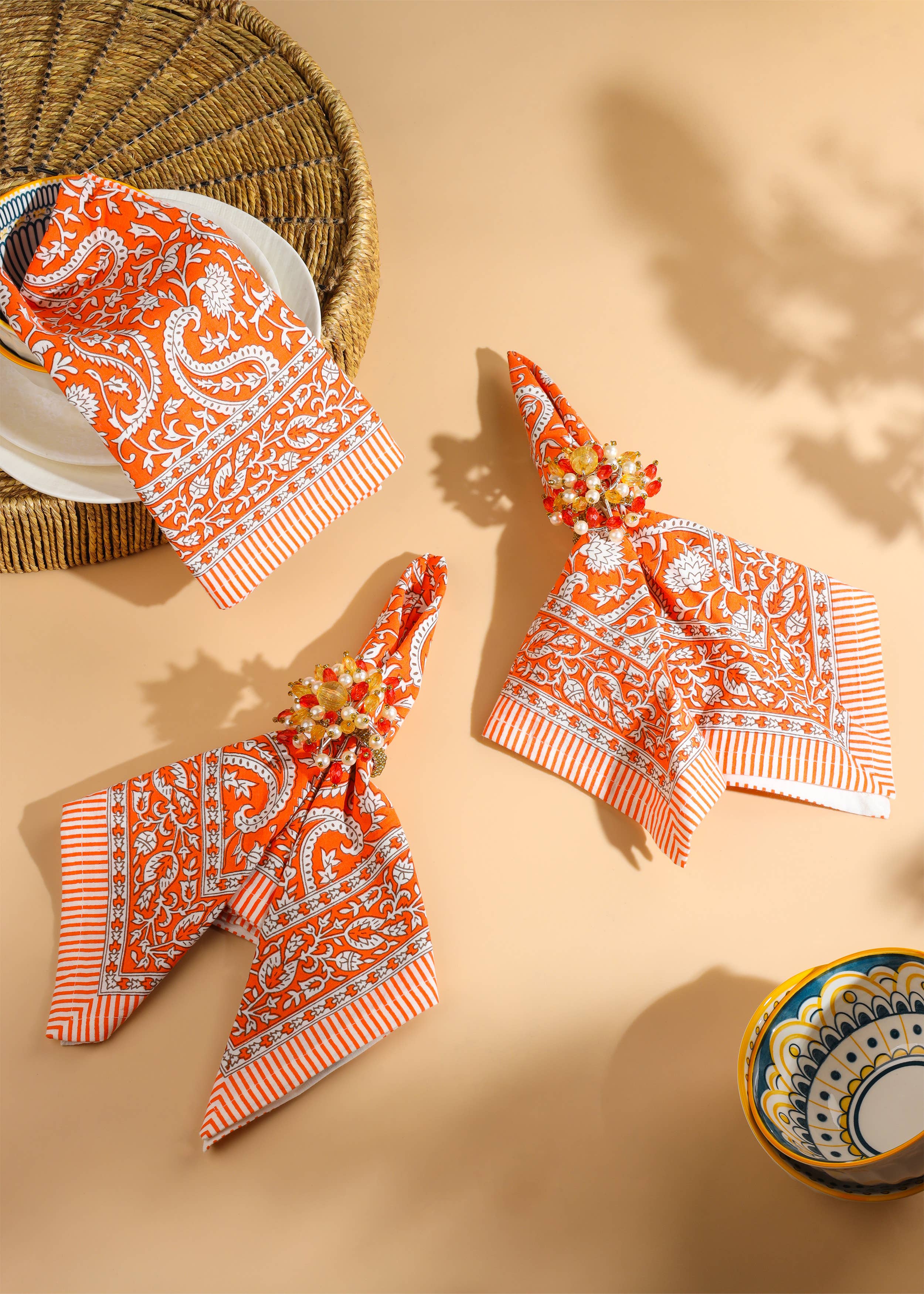 Tiramisu - Wholesale Dinner & Cloth Napkin - Tangerine Twirl Block Print Cotton Napkins1