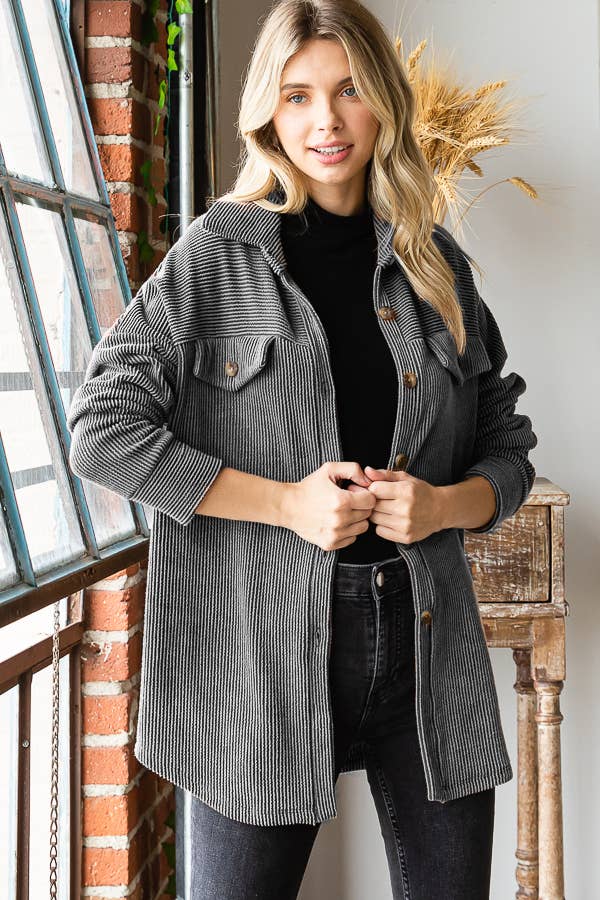 7th Ray - Wholesale Button Down Shirt - Women's - Rib Drop Shoulder Patch Pockets Button Down Shacket T480614