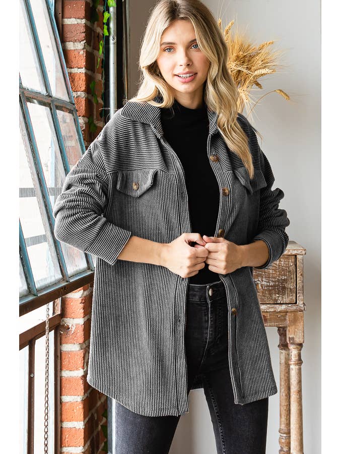 7th Ray - Wholesale Button Down Shirt - Women's - Rib Drop Shoulder Patch Pockets Button Down Shacket T480619