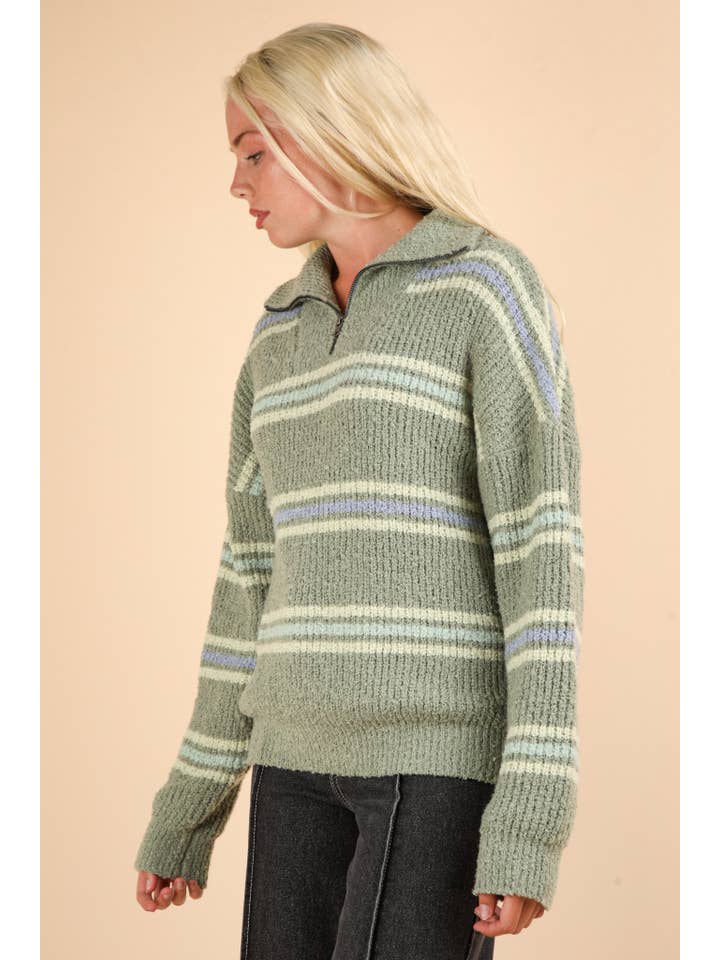 VERY J - Wholesale Knit Sweater - Women's - 12W3136N-Multi Color Striped Half Zip Up Knit Sweater Top