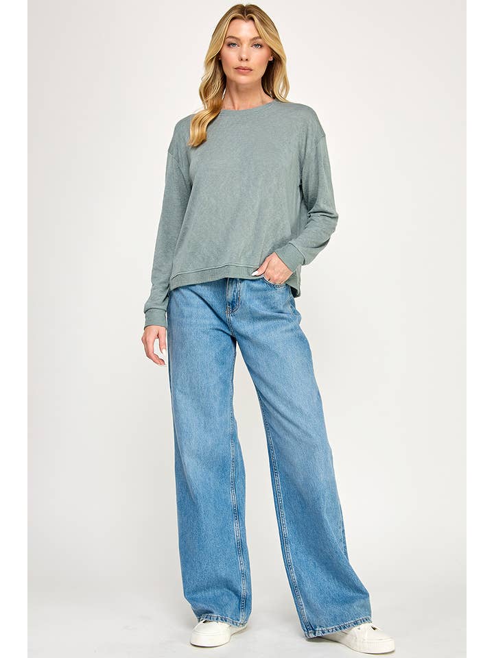 Wasabi + Mint - Wholesale Knit Top - Women's - HACCI SLUB CREW NECK L/S BOXY TOP W/ RIB CONTRAST3