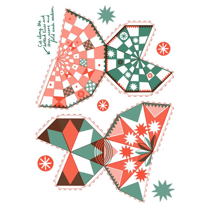 Buntes Risograph-Weihnachtsbaum-Set zum Selbermachen für den Großhandel von Rhi Moxon Illustration