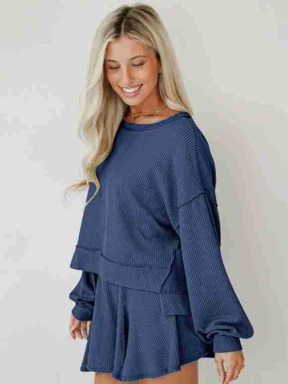 Marayn - Wholesale Top & Skirt Set - Women's - Autumn Ribbed Set Lantern Sleeve Top  Pleated Skirt17