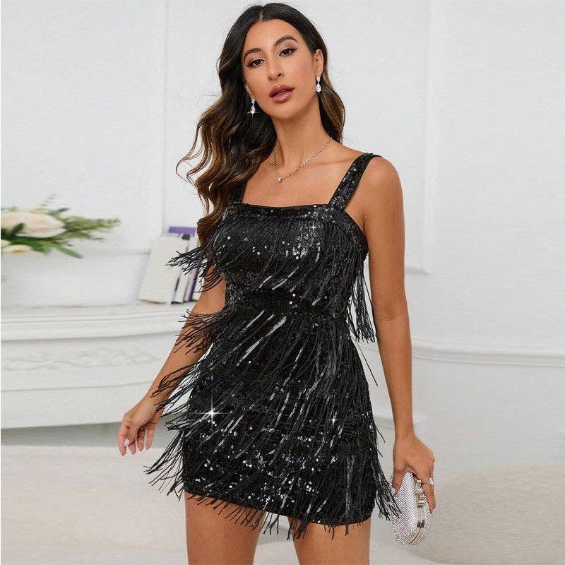UZ Wholesale Store – wholesale Dress – Women's – Solid Color Tassel Sequin Halter Party Mini Dress6