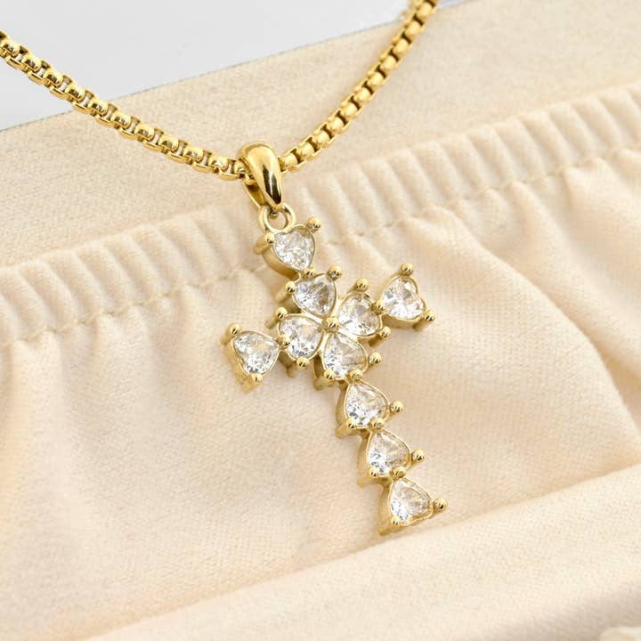Blueyejewelry - Wholesale Pendant/Charm Necklace - Long Diamond Cross Necklace with Heart Shaped Stones9