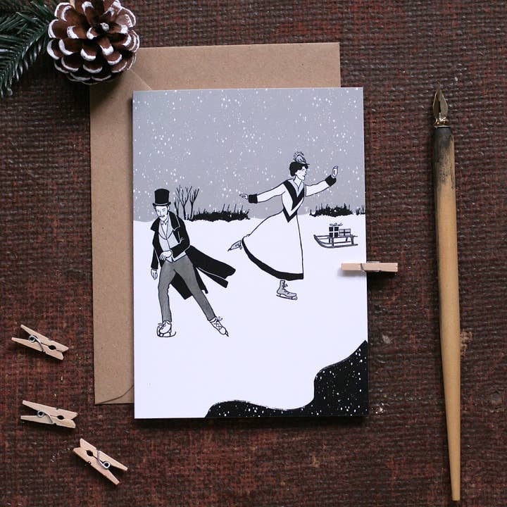 Victorian Christmas Card Ice Skaters for wholesale by Laura Crow Illustration