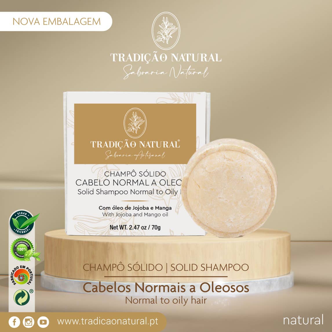 Tradição Natural - Wholesale Shampoo Puck/Solid Shampoo - Normal to oily hair - Solid shampoo - Handmade - 70 g
