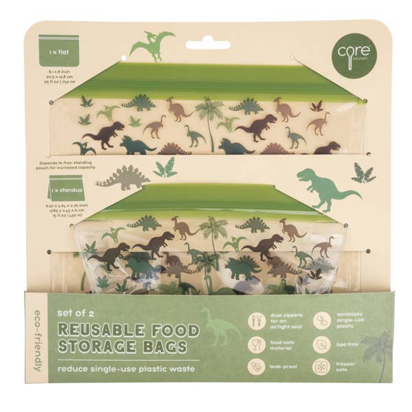 Core Home - Wholesale Food Storage Wrap/Bag - Set of 2 – 1 Lay Flat & 1 Stand Up PEVA Bags - Dino1