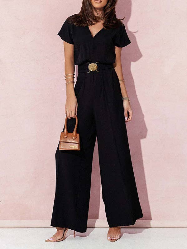 Sheer Trend - Wholesale Jumpsuit - Women's - High Waisted Loose Belted Pleated V-Neck Jumpsuits1