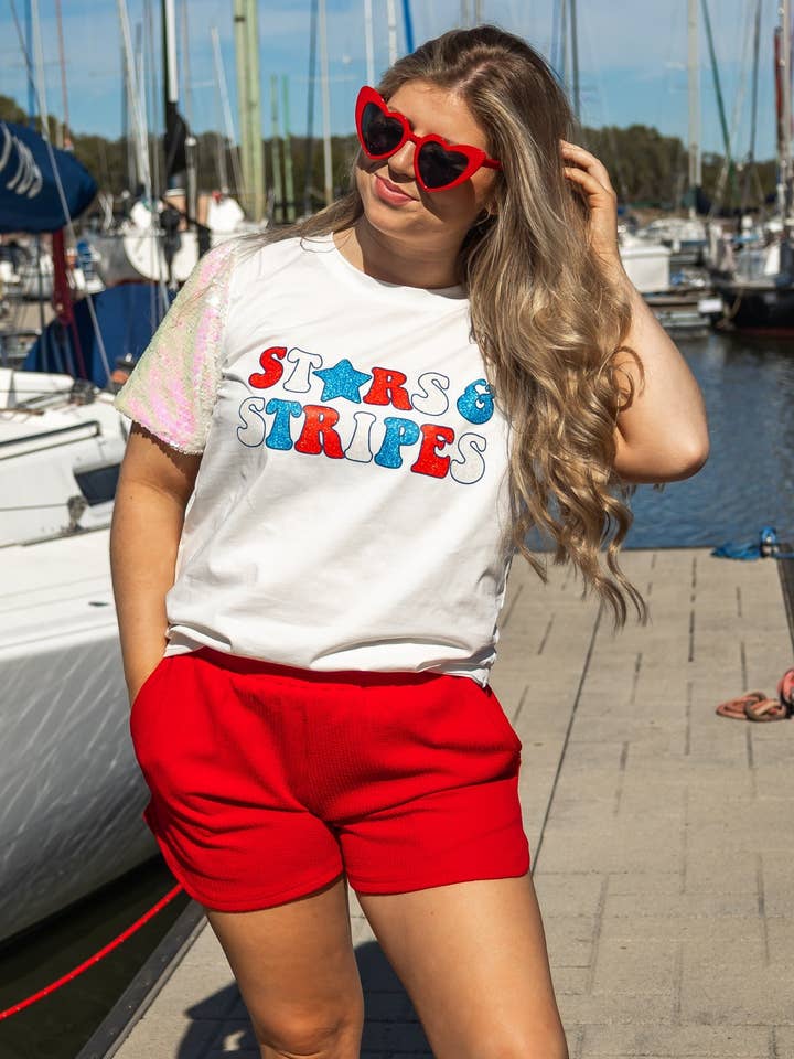 Stars & Stripes Glitter on Princess Top, White for wholesale by GRACE+EMMA by Southern Grace