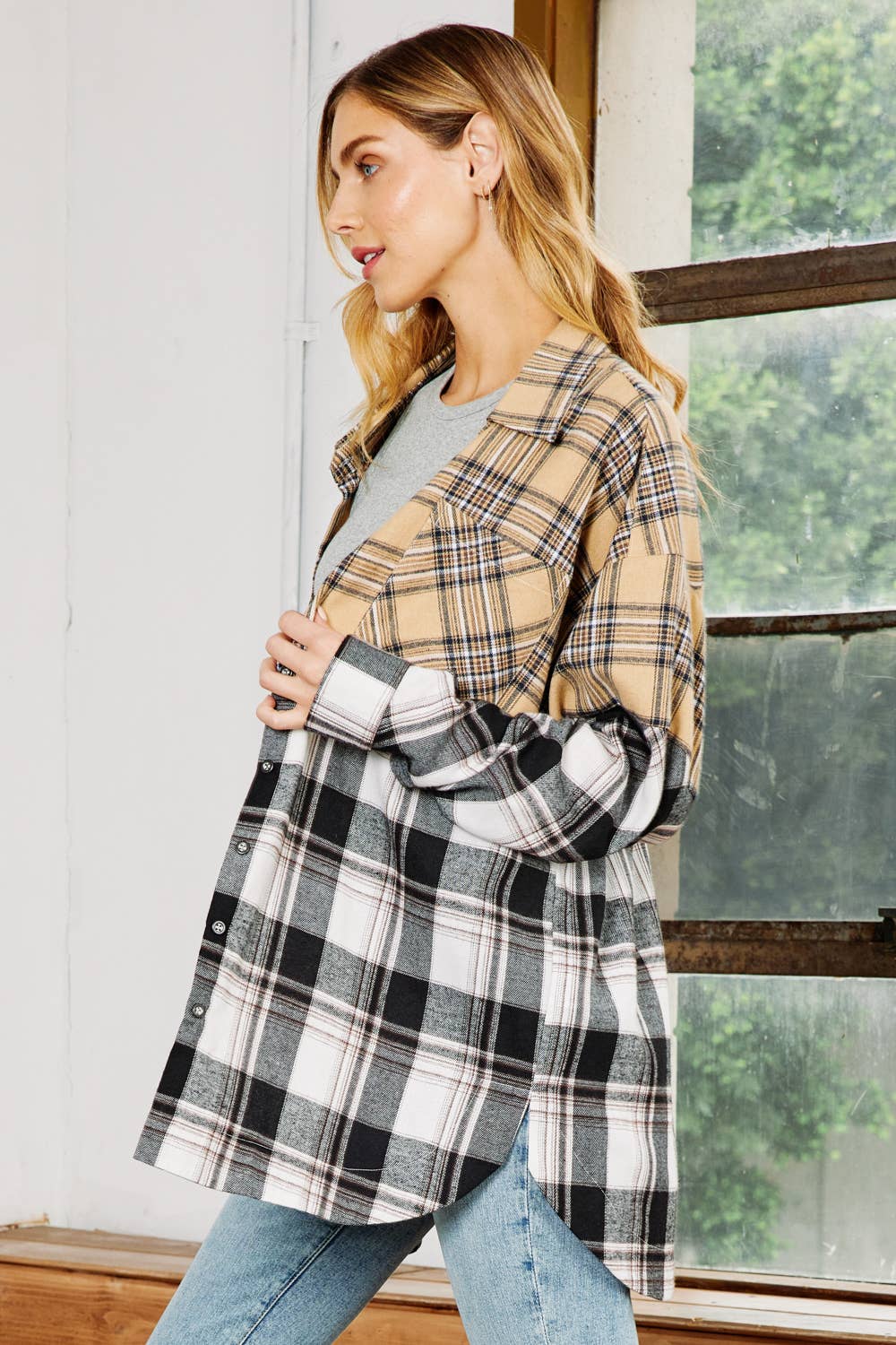 FSL Apparel - Wholesale Button Down Shirt - Women's - IJ1059 - MIXED PLAID  BUTTON DOWN OVERSIZED SHIRT3