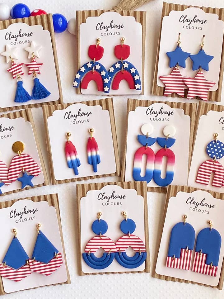 Red, White & Blue Clay Earrings for wholesale by Clayhouse Colours