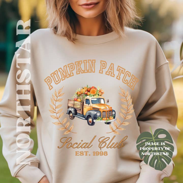 Pumpkin Patch Social Club Fall Sweatshirt w Truck- Sand for wholesale by Northstar