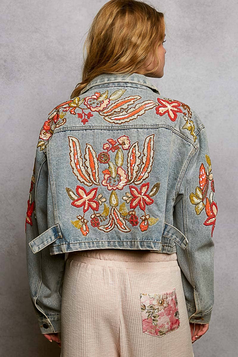 Beaded Embroidered Waist Tab Denim Jacket for wholesale on Faire